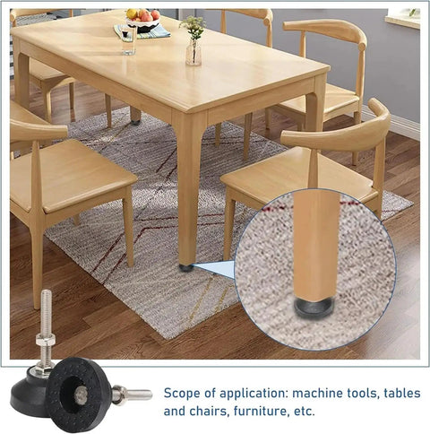 Twelve Pcs Adjustable Threaded Leveling Legs With Swivel Glide Pads For Tables Desks And Chairs To Kick That Pesky Wobble To The Curb For A Rock Solid Setup Everyday in use under a wooden table.