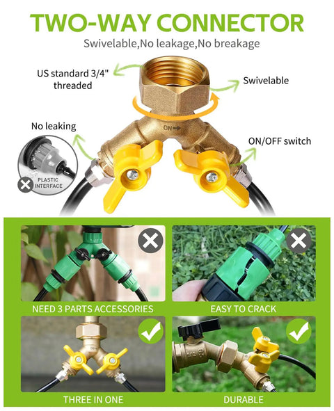 Two-way brass connector with ON/OFF switches for 50Ft Drip Irrigation Kit DIY Plant Watering System With 8x5mm Tubing.