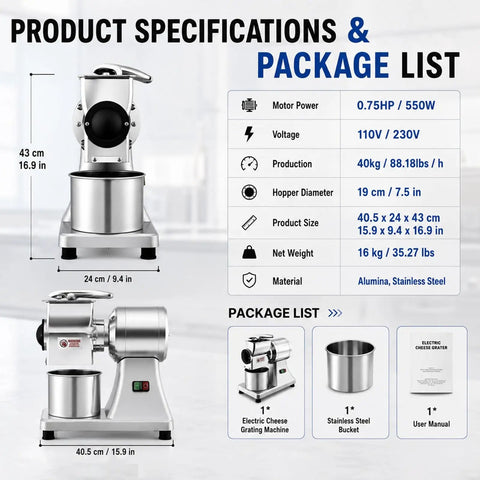 Heavy-Duty Commercial Cheese Grater And Shredder Machine With Nut Grinder Function, size 40.5x24x43cm, specifications and package