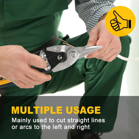Person using 10 Inch Tin Snips For Sheet Metal Cutting Built Tough Heavy Duty Cutter Shears Straight Cut Chrome Vanadium Steel CRV