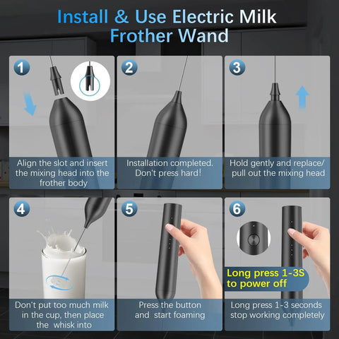 Step-by-step guide for Rechargeable Milk Frother With Stand Quiet Electric Wand Foam Maker Detachable Stainless Steel Whisk Handheld Drink Mixer For Latte Cappuccino Hot Chocolate And More For Home Barista Creamy Foam In Seconds.