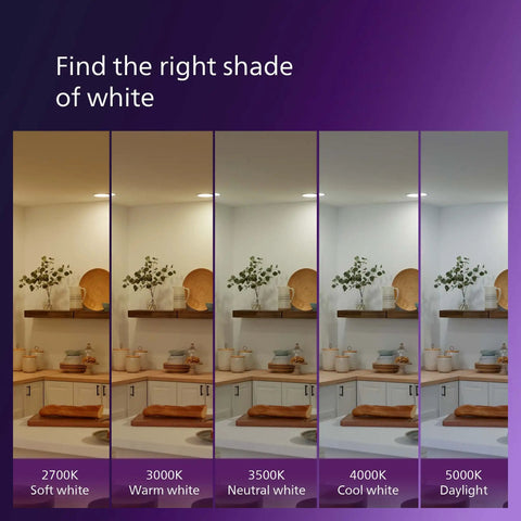 Comparison of LED lighting color temperatures from 2700K Soft White to 5000K Daylight in a room setup.