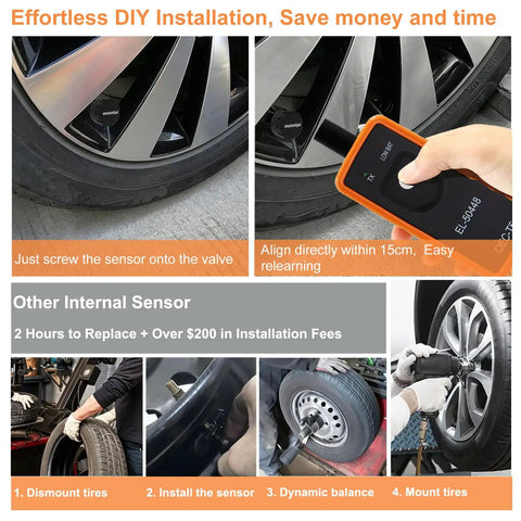 Set Of 4 TPMS Tire Pressure Monitoring Sensors With Relearn Tool For Broad Vehicle Compatibility, Including SUVs, Trucks And Cars, Direct OEM Replacement For Silverado And More, Delivers Stable Signal, Accurate Readings, Easy Install, sensor and relearn tool