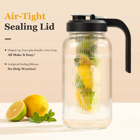 Fruit Infuser Glass Water Pitcher With Wide Mouth 2 Quart Leakproof No Spill Mason Style Jar Filter Lid For Easy Infused Water Durable Glass