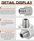 Detail display of 5 Pack 316 Stainless Steel Female To Male NPT Pipe Fittings One Quarter Inch NPT Connector With Sealing Tape