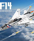 F14 Fighter Jet Building Kit For Adults Dope Realistic Military Aircraft Model with missiles visible in flight over clouds.