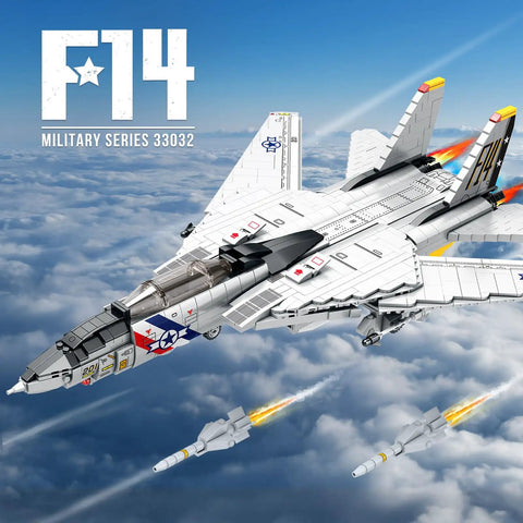 F14 Fighter Jet Building Kit For Adults Dope Realistic Military Aircraft Model with missiles visible in flight over clouds.