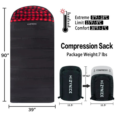 Zero Degree XXL Sleeping Bag For Adults Big And Tall Winter Camping Gear shown in black with flannel lining and compression sack