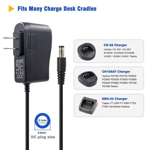 Universal 12V 1A Power Adapter For Motorola And Kenwood Radios showing DC plug size compatibility with chargers.