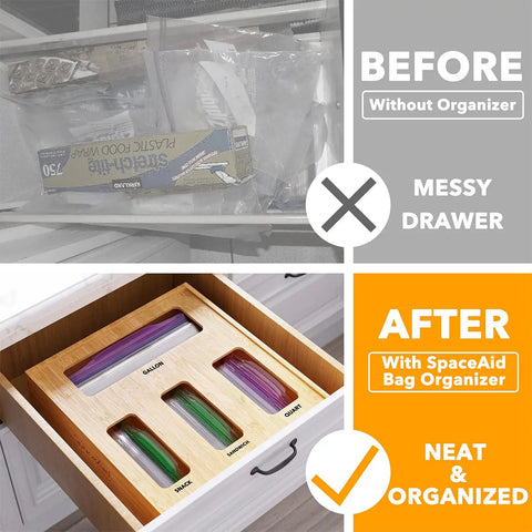 Durable Bamboo Bag Holder For Kitchen Drawer fits gallon quart sandwich snack bags, neatly organizing bags in a drawer.