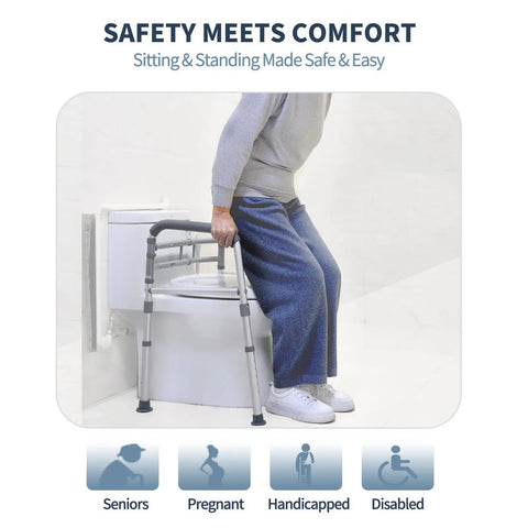 Heavy Duty Toilet Safety Rails Height Adjustable Foldable Frame Zero Hassle Setup For Seniors Handicap And Elderly Users Rigged Tough Holds Up To 350 Lbs Bangin Stable Grip in use near toilet, assisting elderly individual.