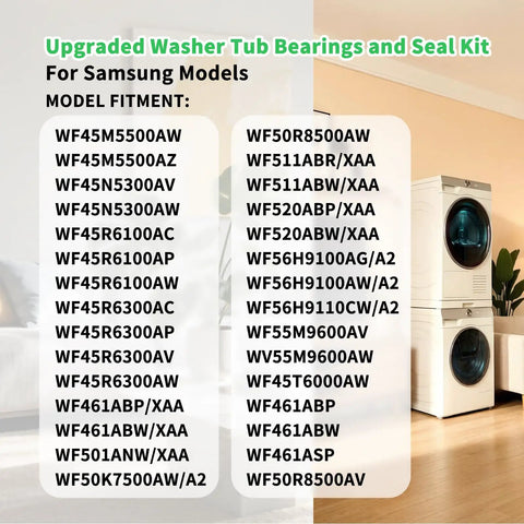 List of compatible models for Top Tier Washer Seal Bearing Kit Knockout Durability Heavy Duty Tub Bearings for front load washers.