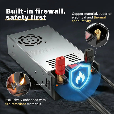 110V AC To 12V DC Converter With On Off Switch, vented metal casing, pure copper terminals, firewall safety feature
