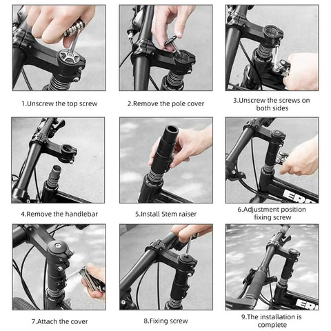 Step-by-step install guide for Adjustable Aluminum Bike Stem Riser Extender Up To 180mm for mountain and BMX bikes.