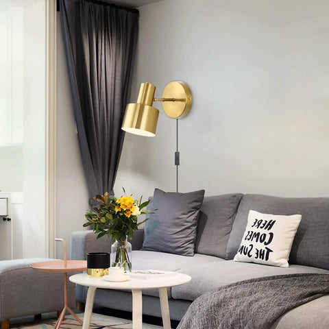 Gold Plug-In Wall Sconces Set Of 2, Industrial Vintage E26 Adjustable Wall Lamps with 6 Foot On Off Cord in living room setting