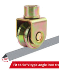 4 Pack 2.5 Inch Sliding Gate Wheel with V Groove Caster, shown with 90-degree iron track, heavy-duty industrial use, 660 lbs capacity