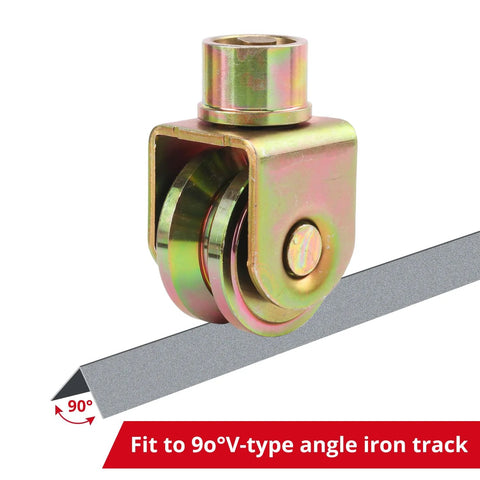 4 Pack 2.5 Inch Sliding Gate Wheel with V Groove Caster, shown with 90-degree iron track, heavy-duty industrial use, 660 lbs capacity