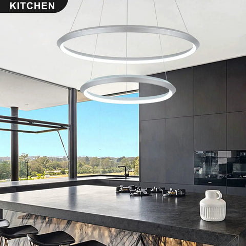 Two Ring Diamond LED Chandelier Pendant Light Dimmable Cool White 6000K Adjustable Modern Fixture For Kitchen Island