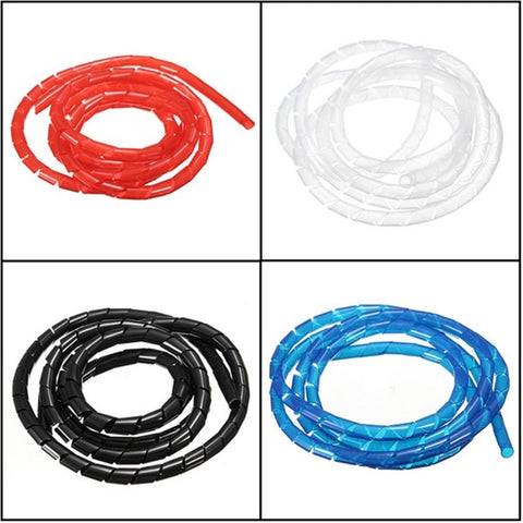 Four spiral cable wrap sleeves in blue, black, white, and red; Blue Spiral Cable Wrap Sleeve 2 Meters Flame Retardant Wire Management Tube With Clip Keeps Your Cables Tidy Safe Inner Diameter 6mm Outer Diameter 8mm Flexible Spiral Loom shown