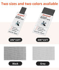 Gray Screen Repair Tape 2 Inch By 15 Foot Heavy Duty Fiberglass Patch For Window And Door Screens Quick Easy Tear Repair Kit With Ultra Strong Adhesive No Tools Needed For A Quick Easy Patch Up shows packaging of repair tape in two sizes and colors, black and grey mesh squares displayed below.