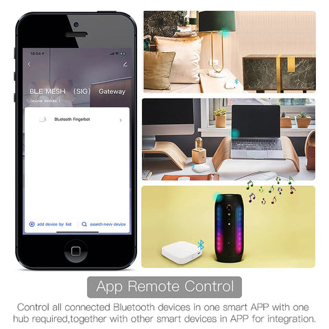 Smartphone showing Bluetooth Mesh Gateway app for Smart Locks And Tuya Devices, WiFi And Bluetooth Hub integration with Alexa and Google Home.
