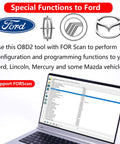 USB OBD2 Diagnostic Tool With ELM327 Chip Code Reader interface showing special functions for Ford vehicles on a laptop screen.