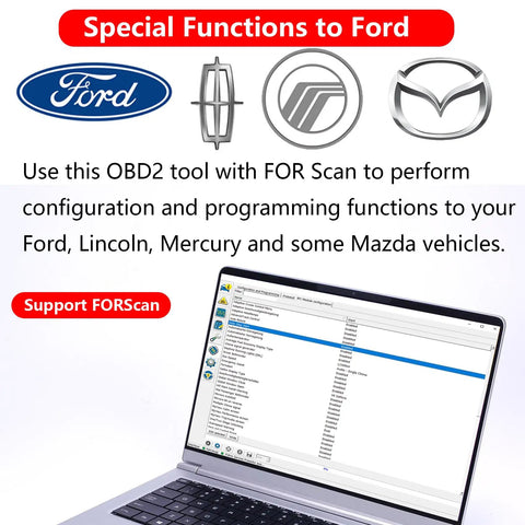 USB OBD2 Diagnostic Tool With ELM327 Chip Code Reader interface showing special functions for Ford vehicles on a laptop screen.