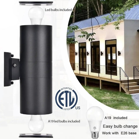 Dusk To Dawn Outdoor Wall Light With Up And Down Lighting, LED A19 Bulbs Included, Exterior Light Fixture For Garage Porch Front Door shown