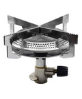 Portable Burner Stove With 10,000 BTU Output For Lab, Home, Camping And Backpacking, silver compact 4.9 inch square design.