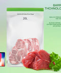 Odor Proof Storage Bags 12x20 Inch Reusable Dual Zip Barrier Bags with raw meat, parsley, phone for size reference, and green seal