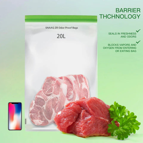 Odor Proof Storage Bags 12x20 Inch Reusable Dual Zip Barrier Bags with raw meat, parsley, phone for size reference, and green seal