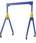 Built Tough Heavy Duty Welded Steel Knockdown Gantry Crane With Smooth Roll Phenolic Casters And Four Way Lock Brakes Straight Up 4000 Lb Lifting Power 10 Foot Span Garage Ready Blue Finish, side view.