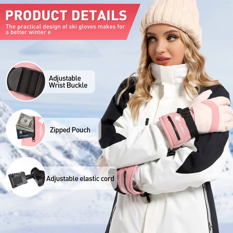Woman wearing Women's Waterproof Windproof Ski Gloves With 3M Thinsulate Insulation, Touchscreen Ready Snow Gloves, Pink Small