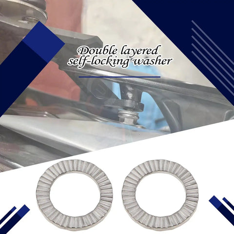 Heavy Duty M8 Wedge Locking Washers Set Of Twenty Double Stack Manganese Steel Hardware For Bolts And Nuts Dampens Vibration Locks It Down Tight Zero Wiggle Room Guaranteed close-up of double-layered washers used with bolts.
