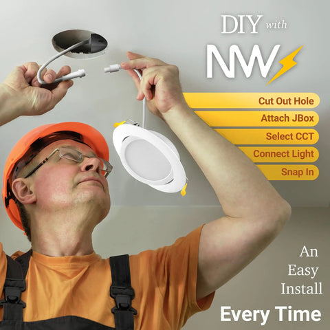Person installing 4 Inch Gimbal LED Recessed Light Canless Eyeball LED Fixture With 5 CCT Selectable for sloped ceilings.