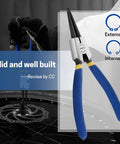 7 Inch External Snap Ring Pliers Heavy Duty Circlip Pliers For Removing And Installing Retaining Rings With Straight Jaw Cr V Steel Pro Grade Tool For Shafts And Bore Holes, blue handles, close-up view