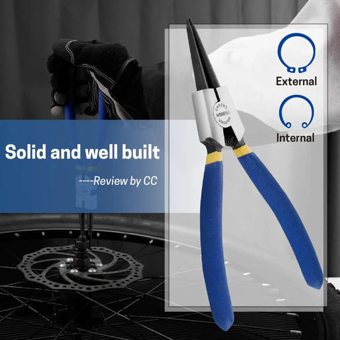 7 Inch External Snap Ring Pliers Heavy Duty Circlip Pliers For Removing And Installing Retaining Rings With Straight Jaw Cr V Steel Pro Grade Tool For Shafts And Bore Holes, blue handles, close-up view