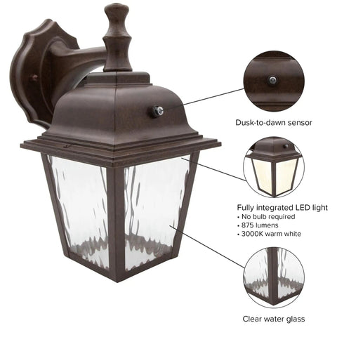LED Porch Lantern Outdoor Wall Light In Aged Bronze With Clear Water Glass, Dusk to Dawn Sensor, 875 Lumens, 3000K Warm White