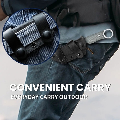 Man wearing Cabox Fixed Blade Knife 3.35 Inch D2 Steel Blade With Micarta Handle And Sheath, attached to a belt for everyday carry.