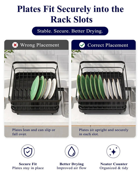 Compact Dish Drying Rack For Kitchen Counter Black Space Saving Drainer Holds 10 Plates And Bowls showing correct and wrong plate placement.