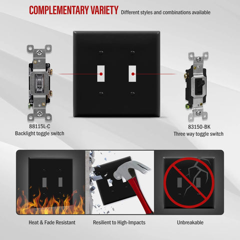 Double Light Wall Toggle Switch Plate 2 Gang Mid Size 4.88 By 4.92 Inches Built Tough Unbreakable Polycarbonate with switches