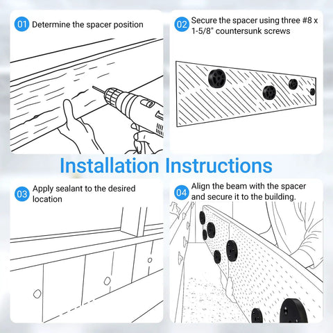 Installation instructions for Heavy Duty Deck Ledger Spacers Bulk Pack Featuring Two Inch Round Base And Half Inch Width.
