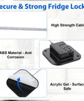 Kid Safe Fridge Lock With Keyless Combination showing high strength cable, ABS anti-corrosion material, acrylic gel adhesive