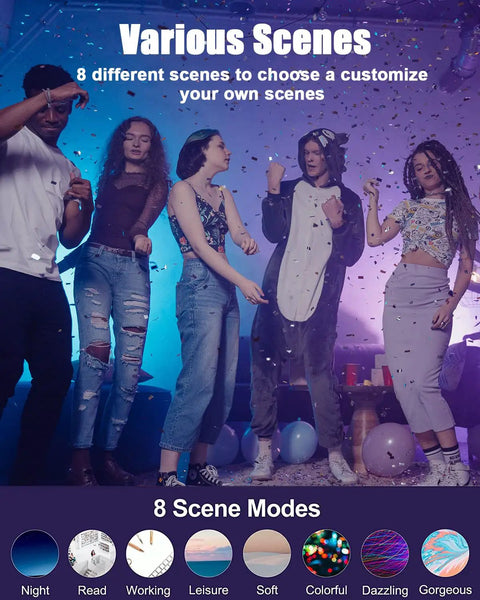 People dancing in a colorful party scene with various lighting modes, showcasing Smart RGB E12 Base Light Bulb Dimmable features.