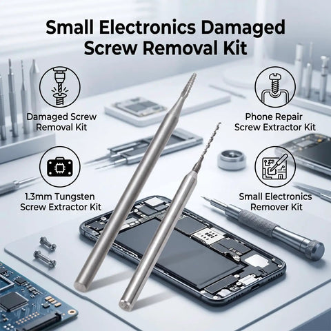 Heavy Duty Stripped Screw Extractor Kit With Precision 1.3Mm Tungsten Steel Drill Bits seen with phone repair tools.