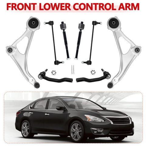 Beefed Up Front Lower Control Arm Suspension Kit For Nissan Altima 2014 To 2018 And 2013 Altima 4 Door 2016 To 2023 Maxima With Ball Joint Includes 2 Sway Bar Links 4 Outer And Inner Tie Rod Ends Direct OE Style Replacement, front view
