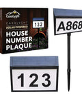 Solar Address Sign With Bright LEDs For Outdoors Four Digit Address Plaque Weatherproof No Fuss DIY Install Dual Mounting Options Long Lasting Solar Powered Night Visibility For Your Home displayed with packaging and installation options.