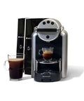 Zenius Professional Coffee Machine Starter Bundle For Businesses With Quick Startup Guide And Two Recycling Bags shown with two coffee cups.