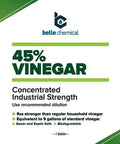 Label of 45% vinegar concentrate bottle showing industrial strength cleaner for home, shop, and commercial use, 1 gallon size.