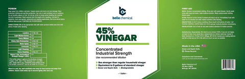 Label of 45% vinegar concentrate bottle showing industrial strength cleaner for home, shop, and commercial use, 1 gallon size.